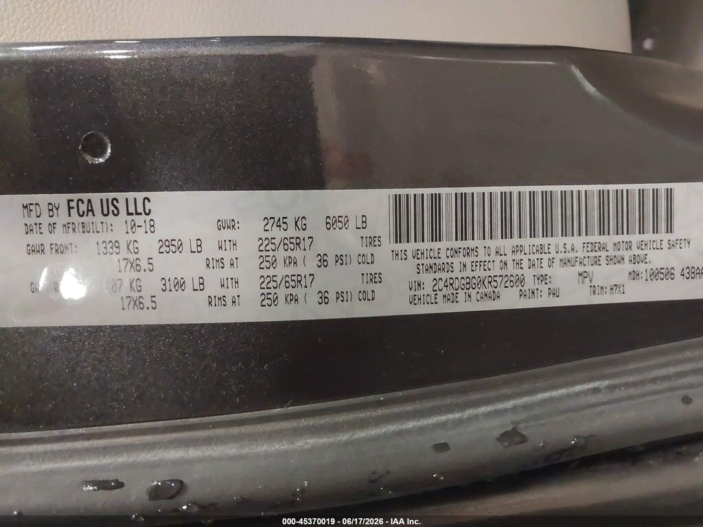 2C4RDGBG0KR572600 2019 DODGE GRAND CARAVAN photo no. 9