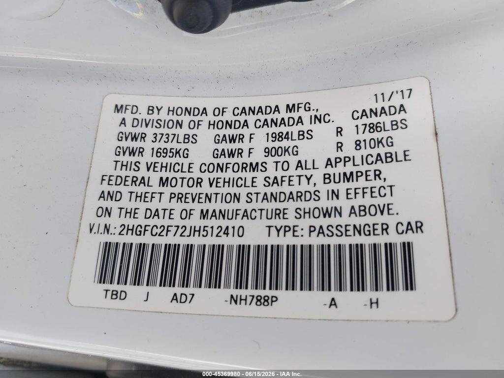 2HGFC2F72JH512410 2018 HONDA CIVIC photo no. 9