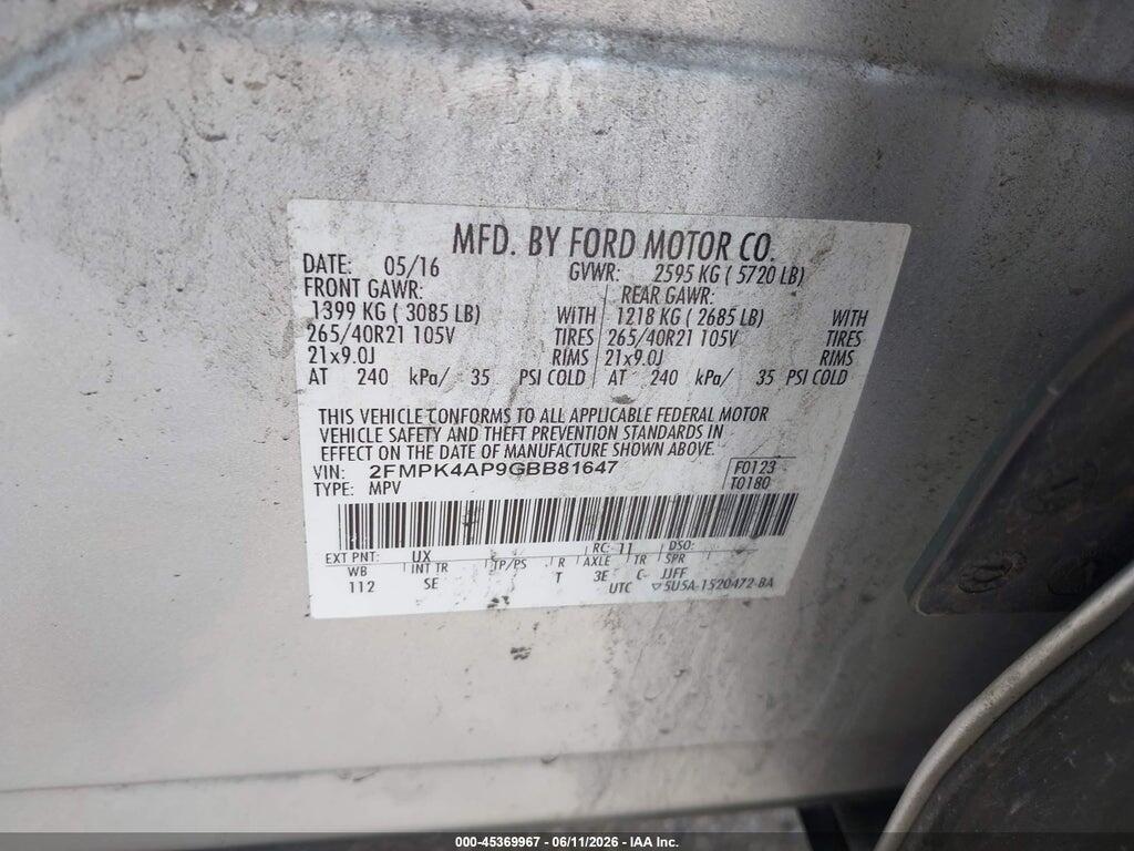 2FMPK4AP9GBB81647 2016 FORD EDGE photo no. 9