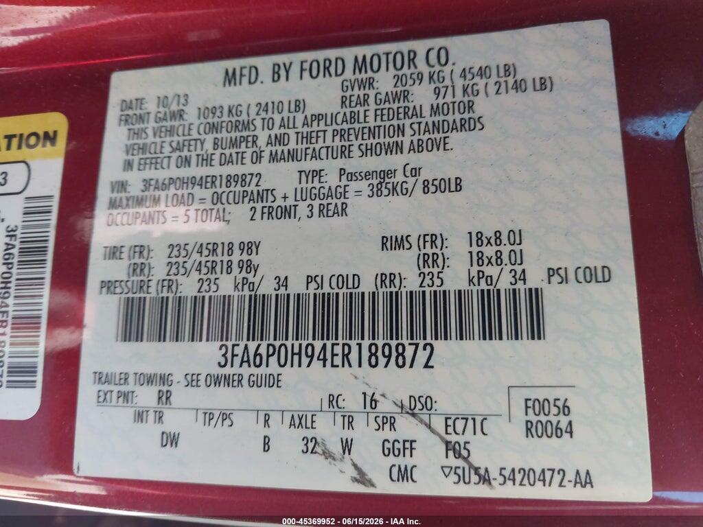 3FA6P0H94ER189872 2014 FORD FUSION photo no. 9