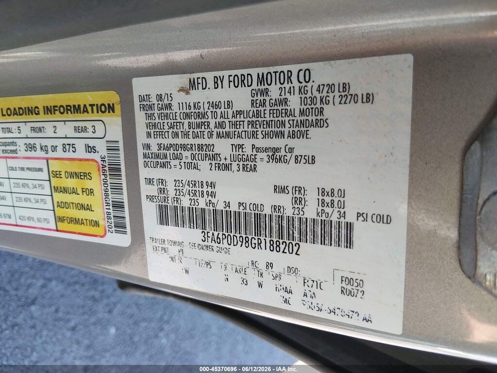 3FA6P0D98GR188202 2016 FORD FUSION photo no. 9