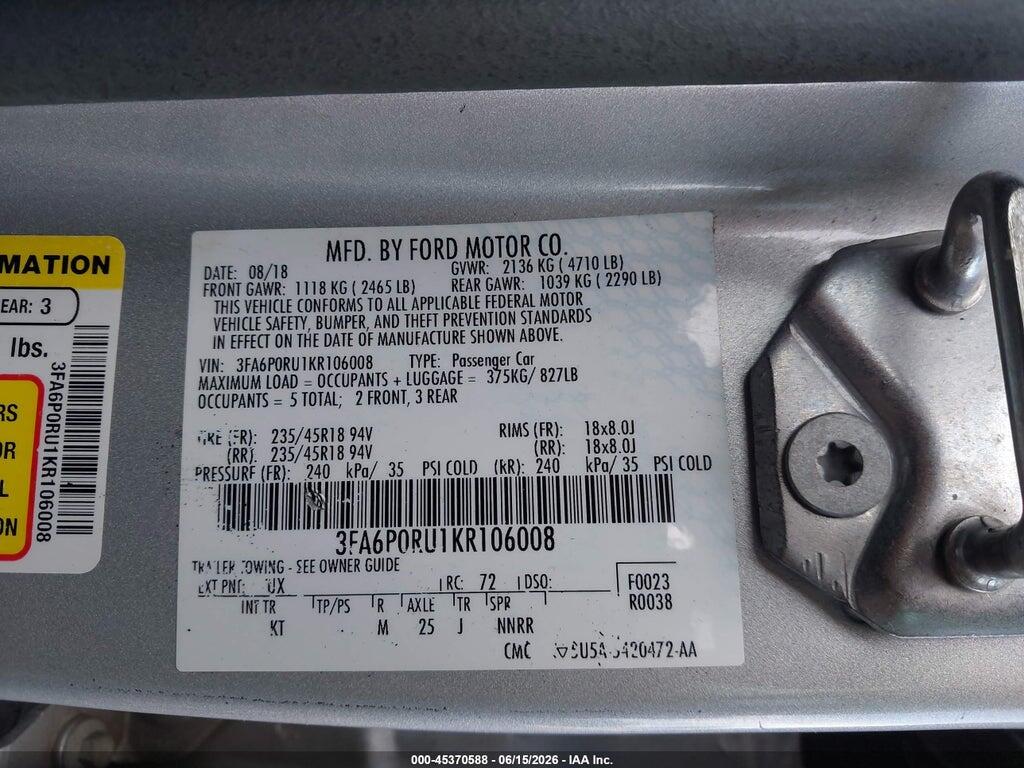 3FA6P0RU1KR106008 2019 FORD FUSION HYBRID photo no. 9