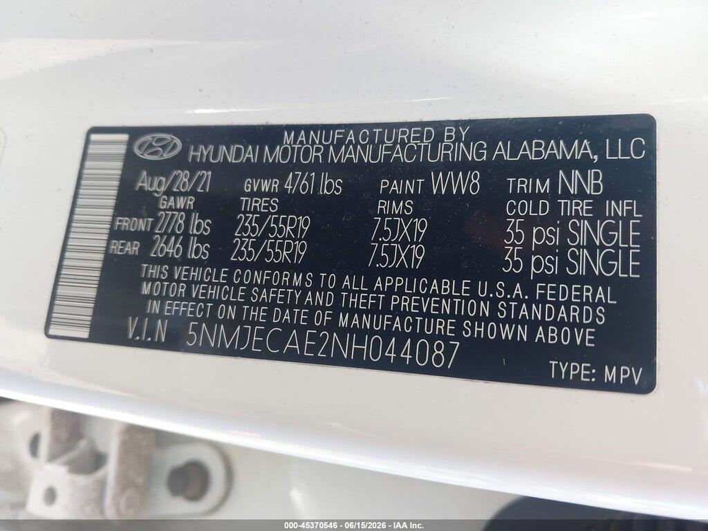 5NMJECAE2NH044087 2022 HYUNDAI TUCSON photo no. 9