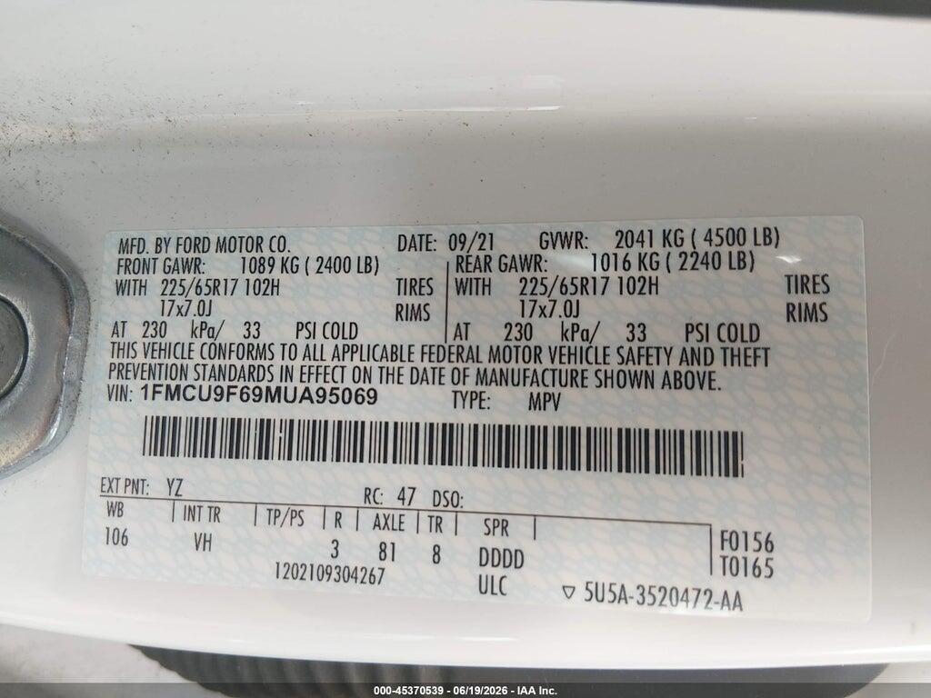 1FMCU9F69MUA95069 2021 FORD ESCAPE photo no. 9