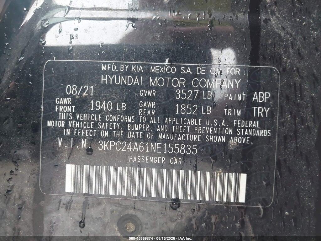 3KPC24A61NE155835 2022 HYUNDAI ACCENT photo no. 9