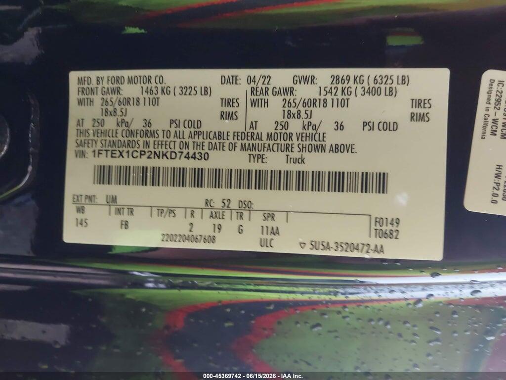 1FTEX1CP2NKD74430 2022 FORD F-150 photo no. 9