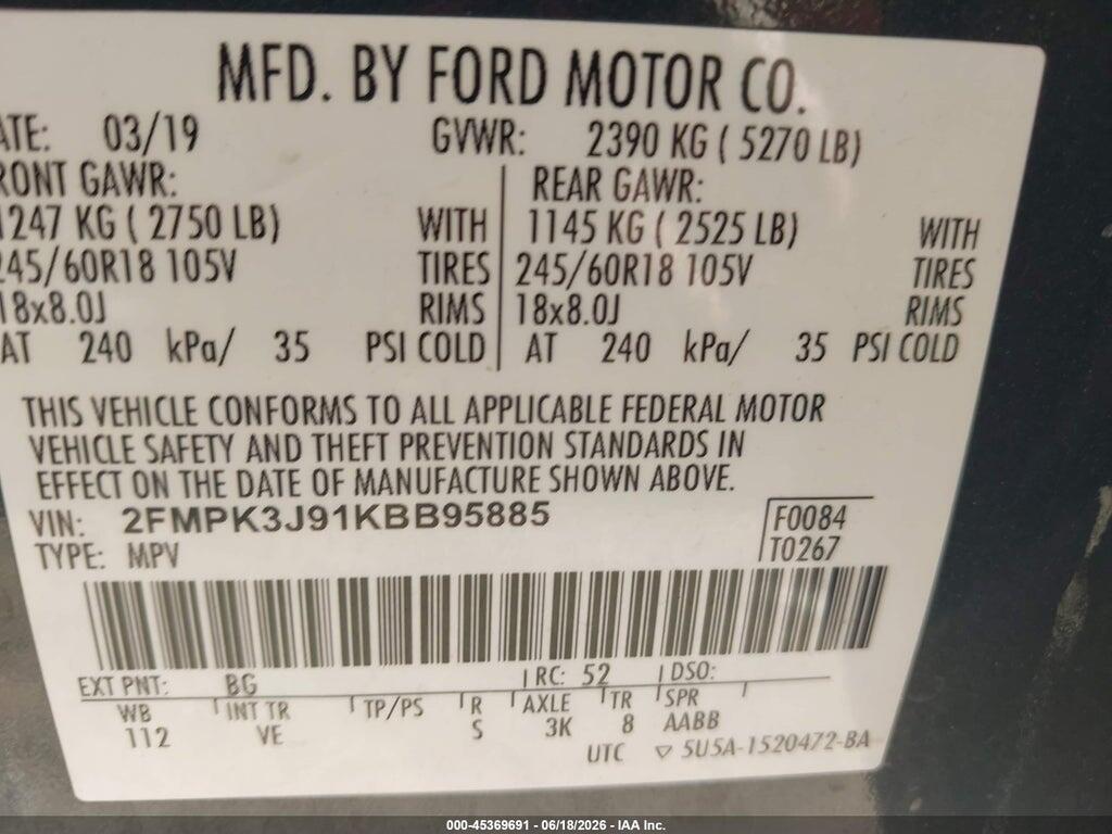 2FMPK3J91KBB95885 2019 FORD EDGE photo no. 9