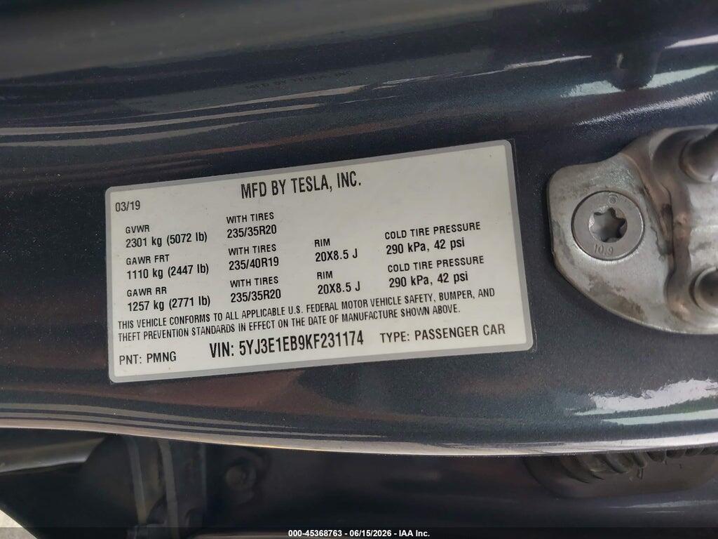5YJ3E1EB9KF231174 2019 TESLA MODEL 3 photo no. 9