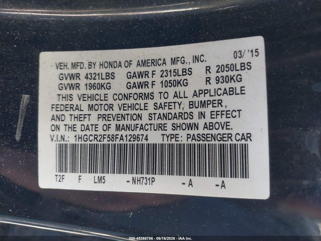 1HGCR2F58FA129674 2015 HONDA ACCORD photo no. 9