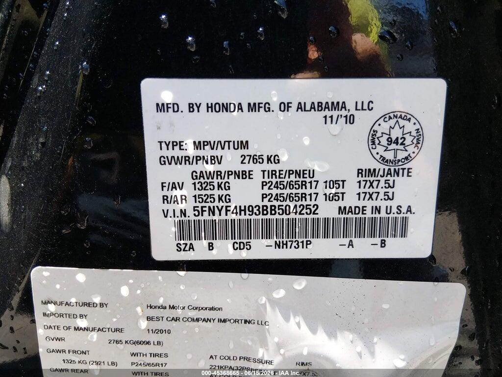 5FNYF4H93BB504252 2011 HONDA PILOT photo no. 9