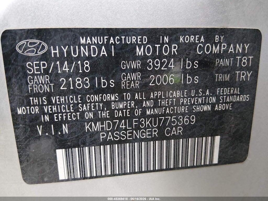 KMHD74LF3KU775369 2019 HYUNDAI ELANTRA photo no. 9