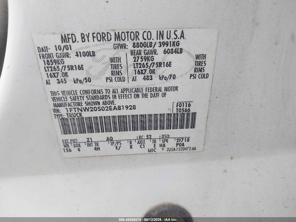 1FTNW20S02EA81928 2002 FORD F-250 photo no. 9