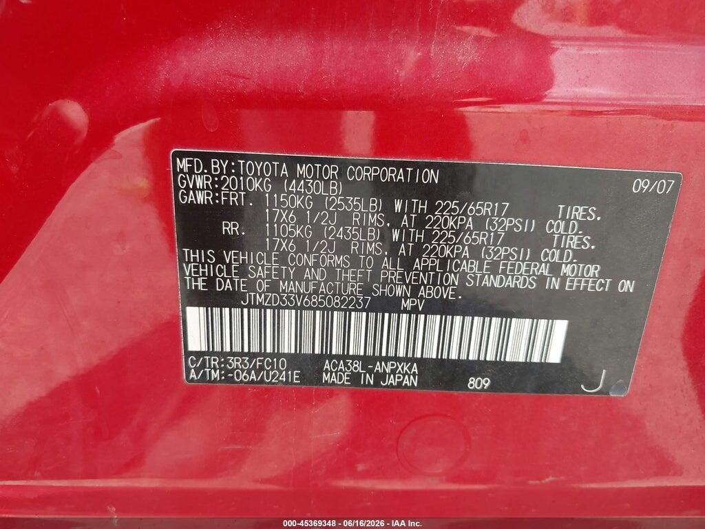 JTMZD33V685082237 2008 TOYOTA RAV4 photo no. 9