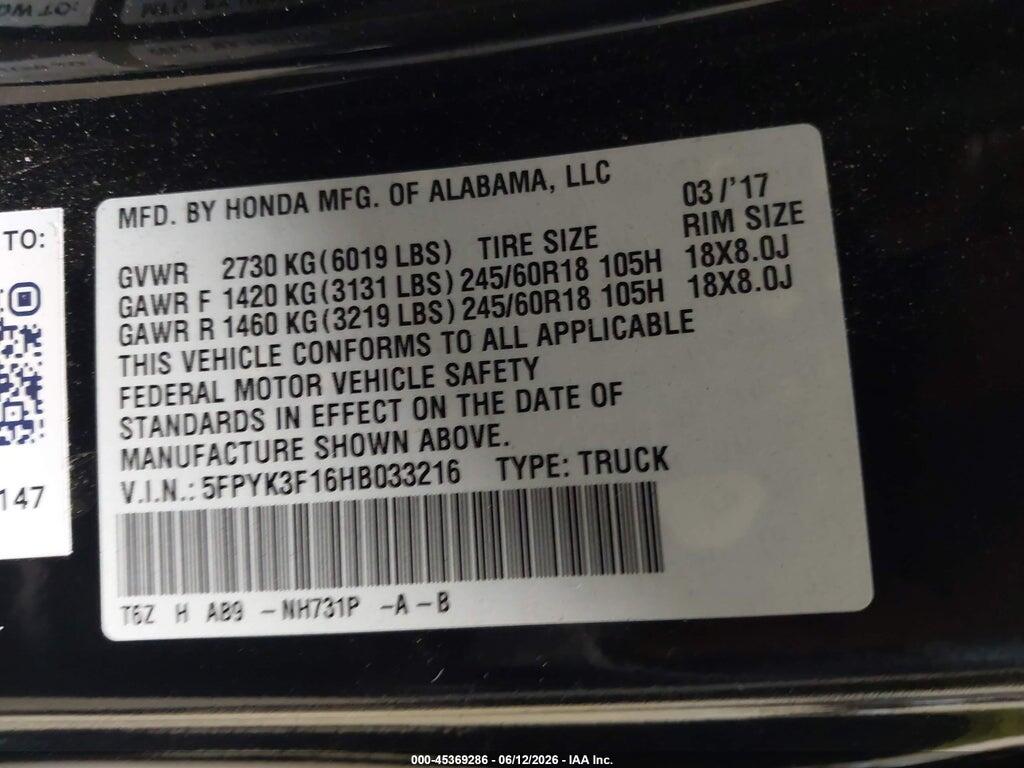 5FPYK3F16HB033216 2017 HONDA RIDGELINE photo no. 9