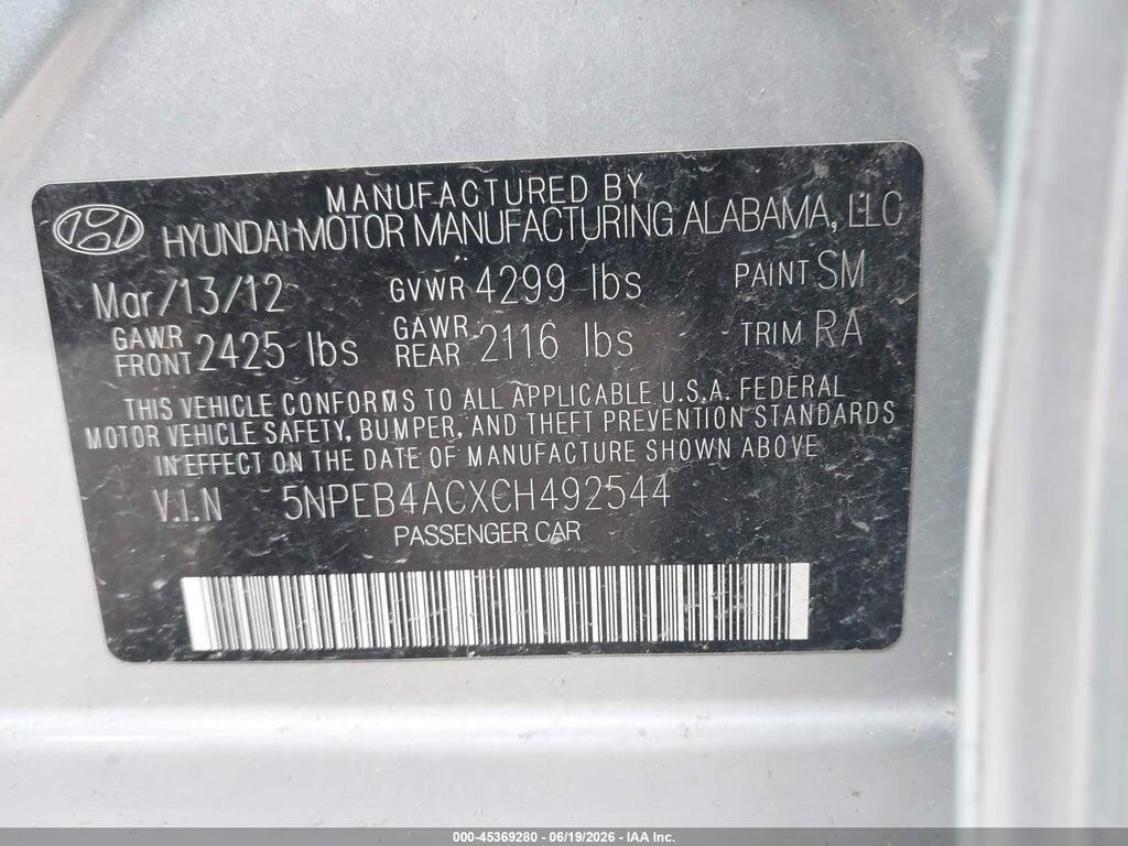 5NPEB4ACXCH492544 2012 HYUNDAI SONATA photo no. 9