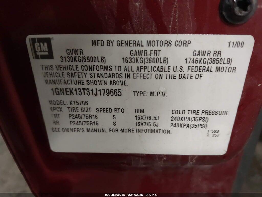 1GNEK13T31J179665 2001 CHEVROLET TAHOE photo no. 9