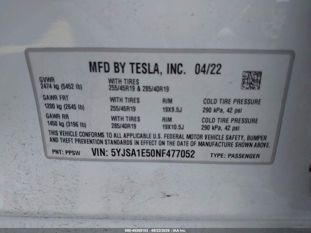5YJSA1E50NF477052 2022 TESLA MODEL S photo no. 9