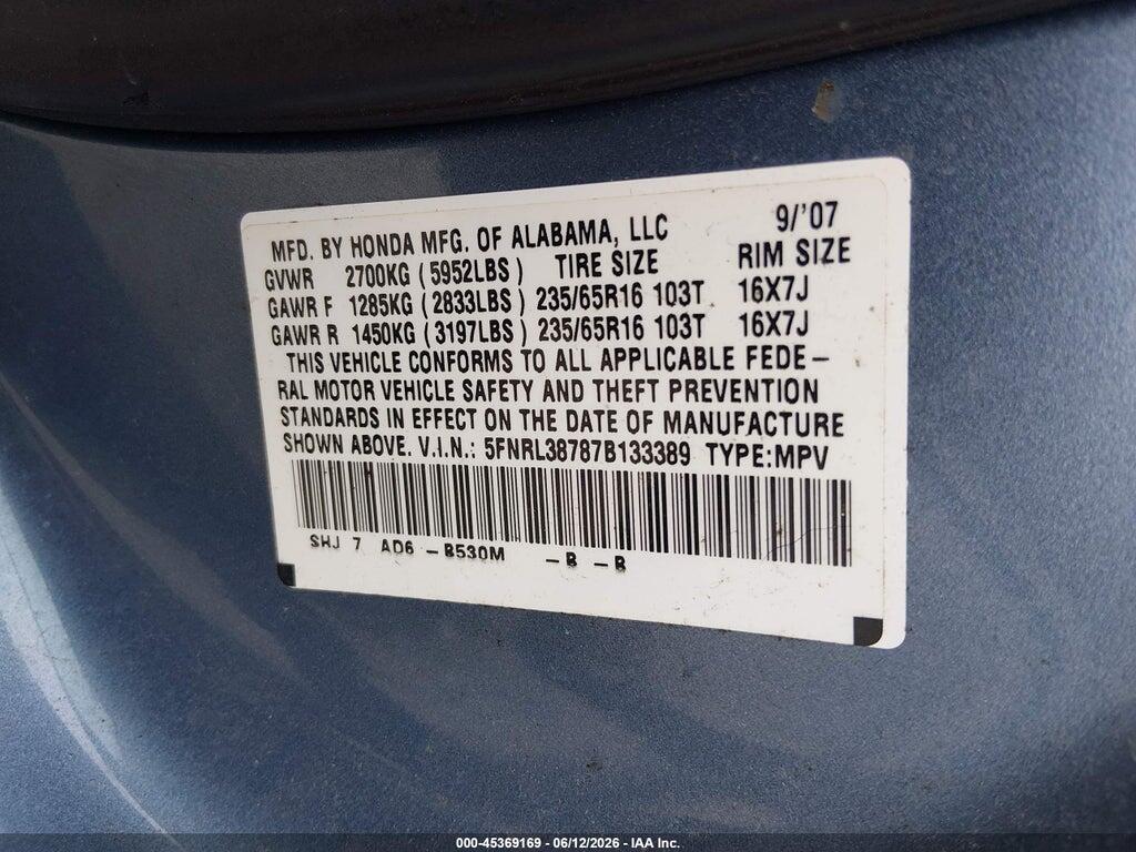 5FNRL38787B133389 2007 HONDA ODYSSEY photo no. 9