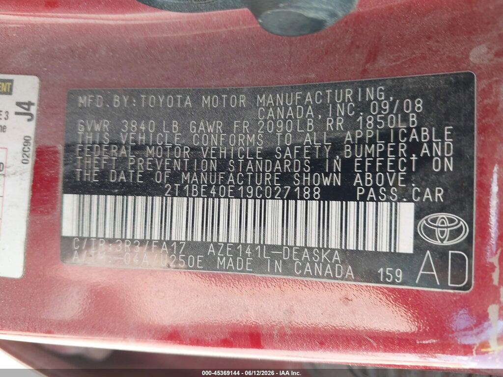 2T1BE40E19C027188 2009 TOYOTA COROLLA photo no. 9