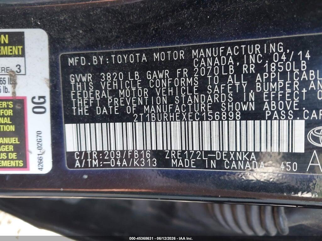 2T1BURHEXEC156898 2014 TOYOTA COROLLA photo no. 9