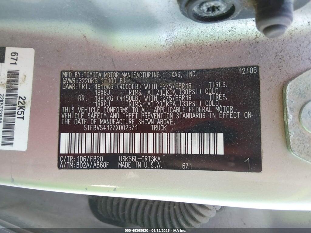 5TFBV54127X002571 2007 TOYOTA TUNDRA photo no. 9
