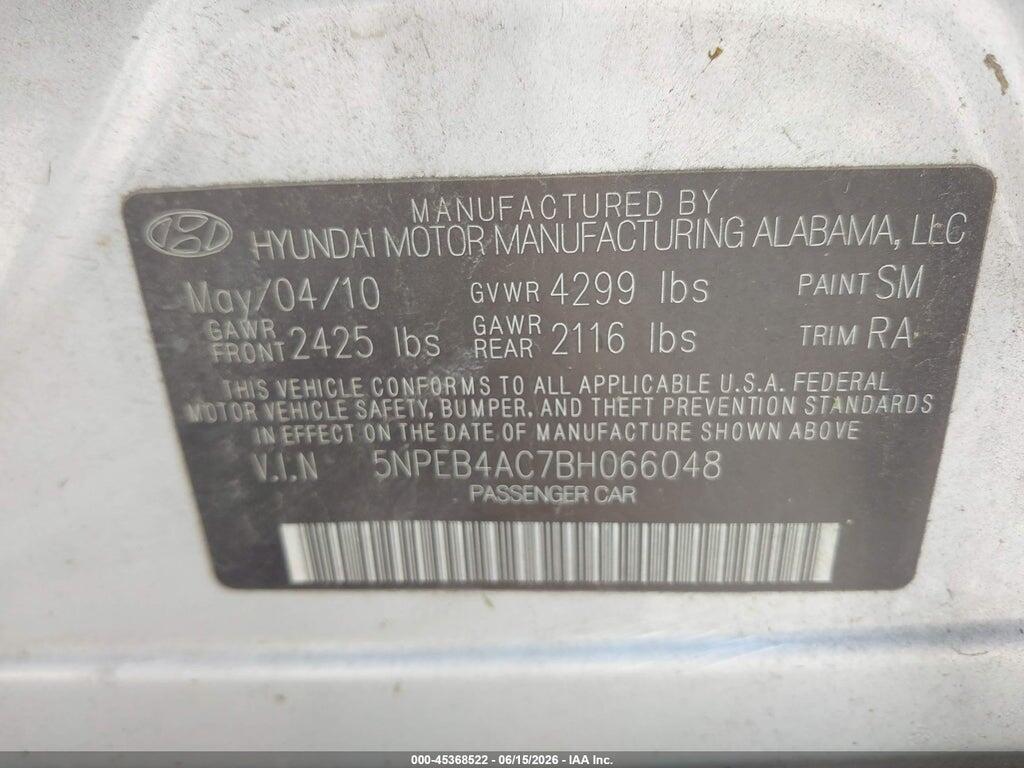 5NPEB4AC7BH066048 2011 HYUNDAI SONATA photo no. 9