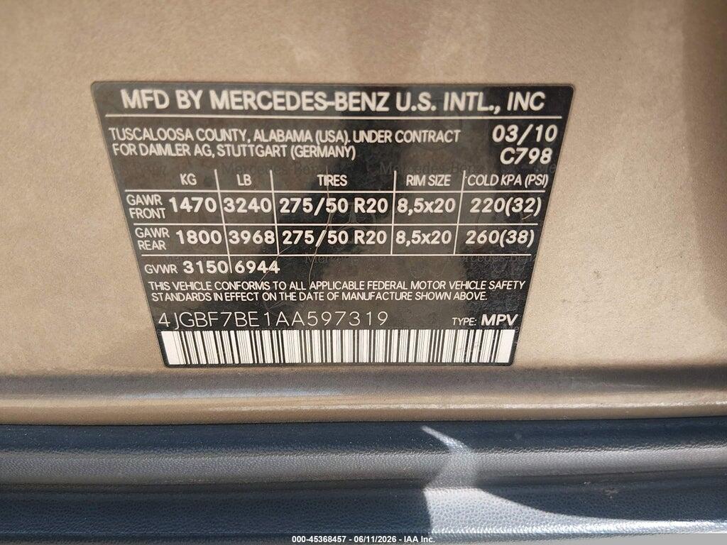 4JGBF7BE1AA597319 2010 MERCEDES-BENZ GL 450 photo no. 9