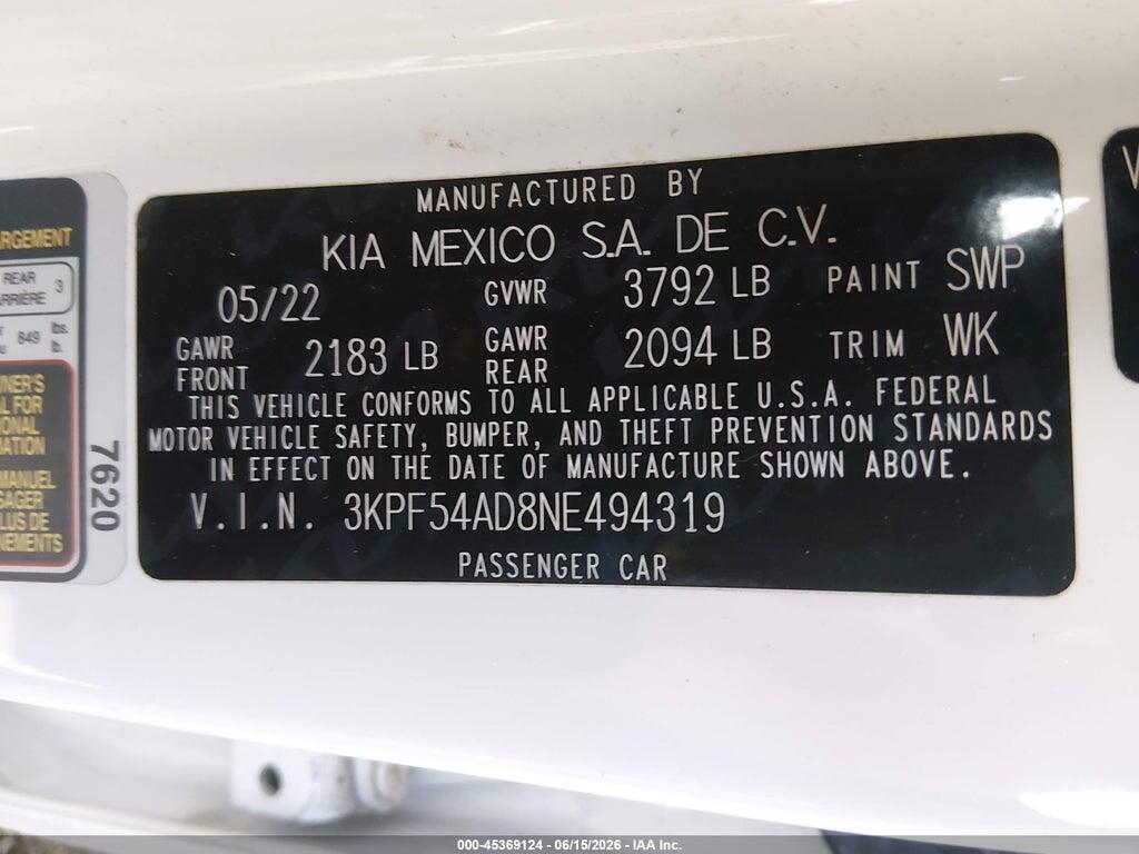 3KPF54AD8NE494319 2022 KIA FORTE photo no. 9
