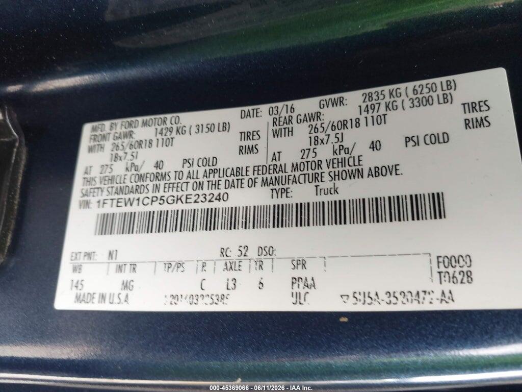1FTEW1CP5GKE23240 2016 FORD F-150 photo no. 9