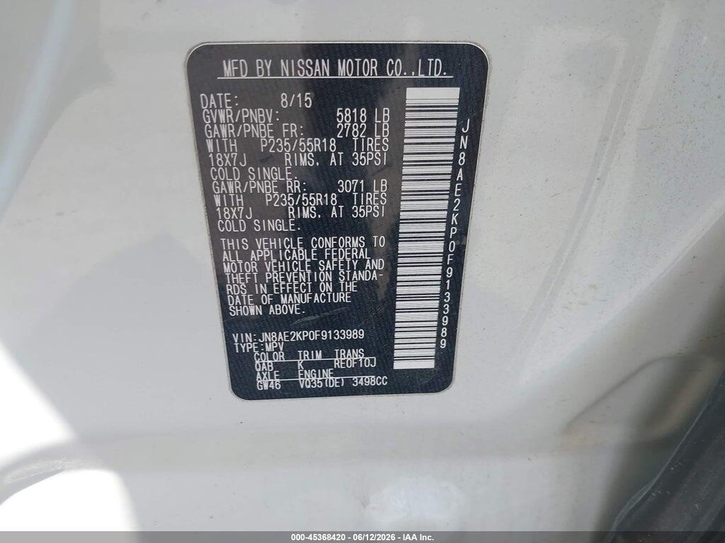 JN8AE2KP0F9133989 2015 NISSAN QUEST photo no. 9