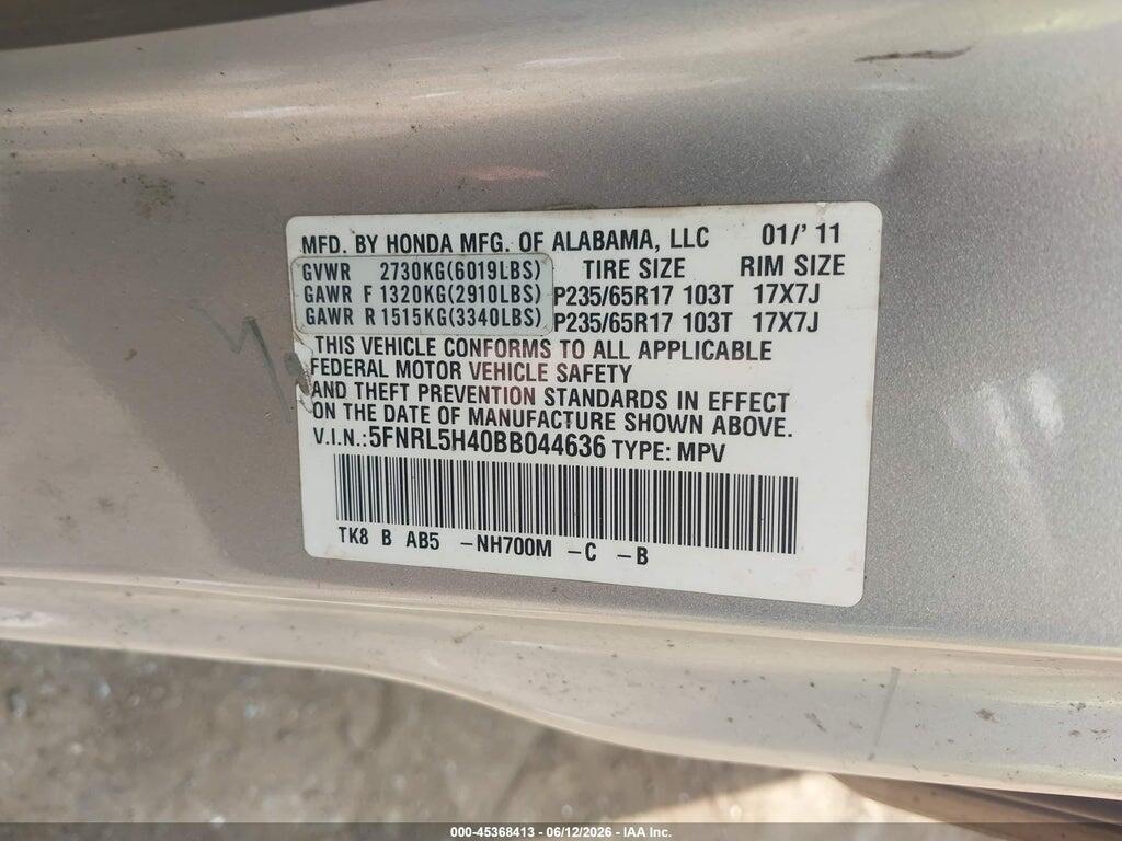 5FNRL5H40BB044636 2011 HONDA ODYSSEY photo no. 9