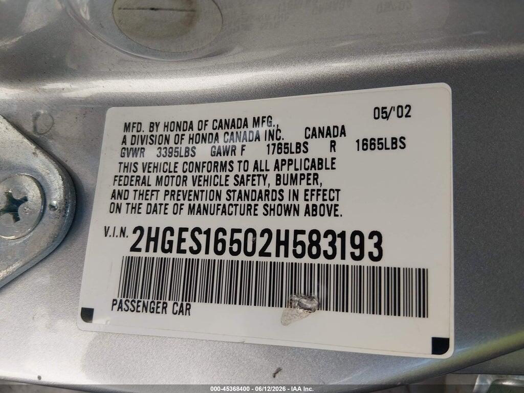 2HGES16502H583193 2002 HONDA CIVIC photo no. 9