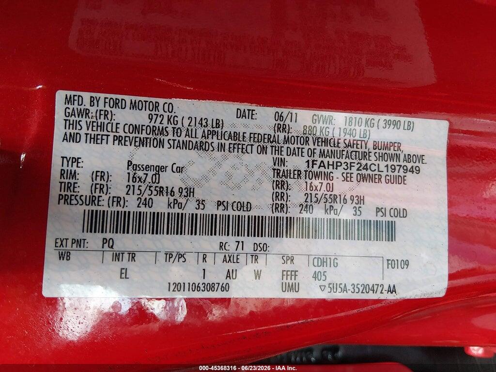 1FAHP3F24CL197949 2012 FORD FOCUS photo no. 9