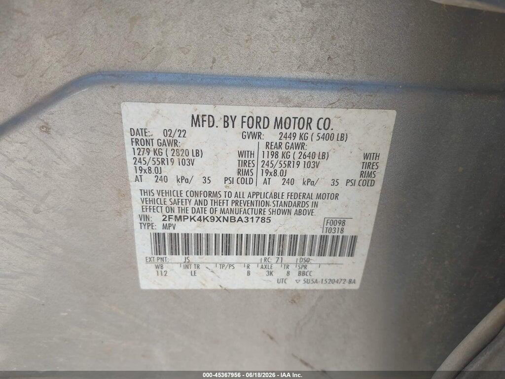 2FMPK4K9XNBA31785 2022 FORD EDGE photo no. 9