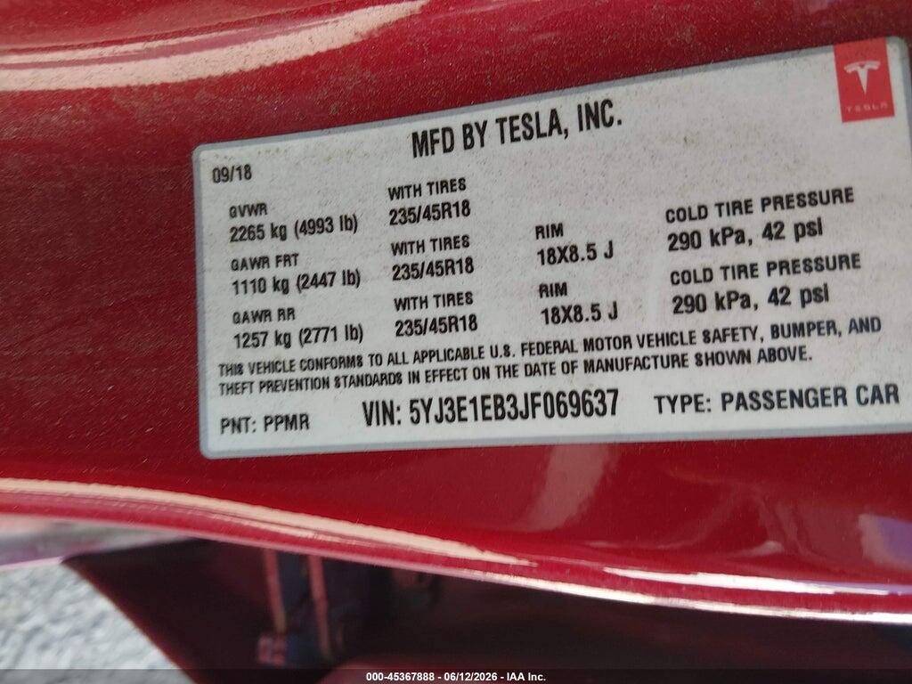 5YJ3E1EB3JF069637 2018 TESLA MODEL 3 photo no. 9