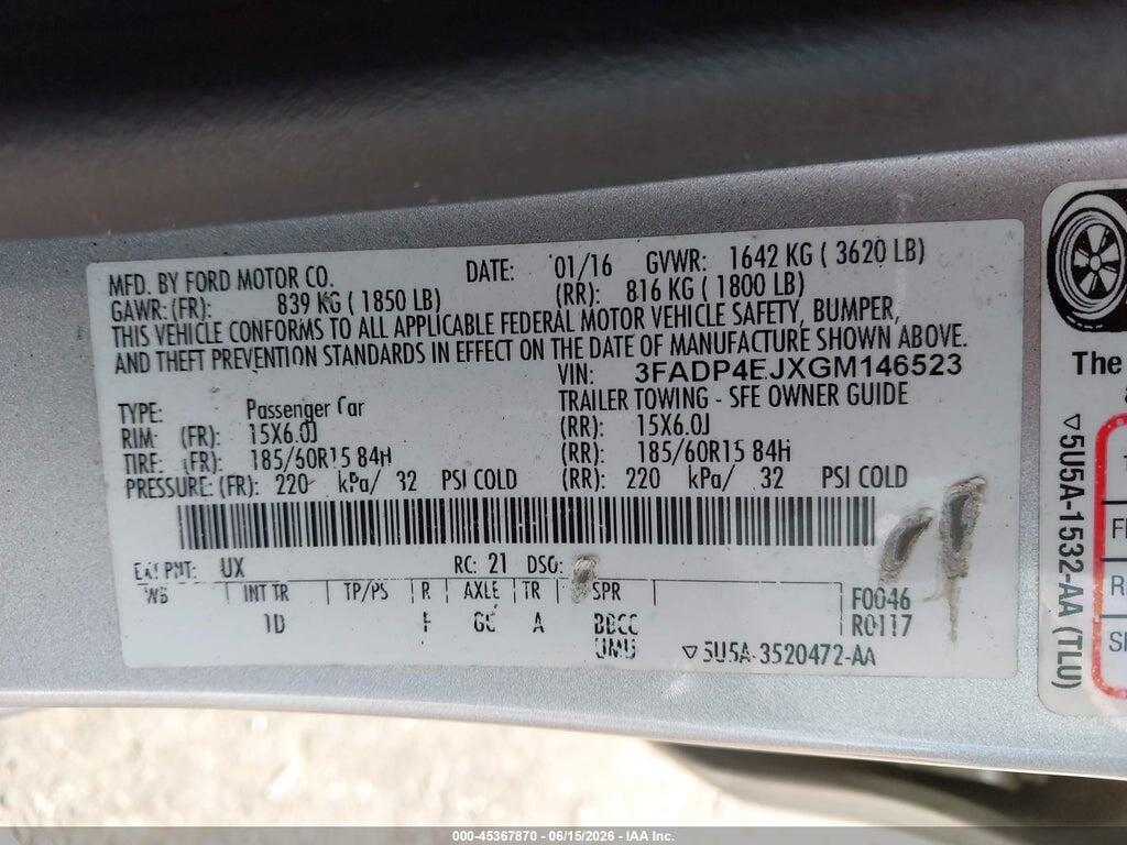 3FADP4EJXGM146523 2016 FORD FIESTA photo no. 9