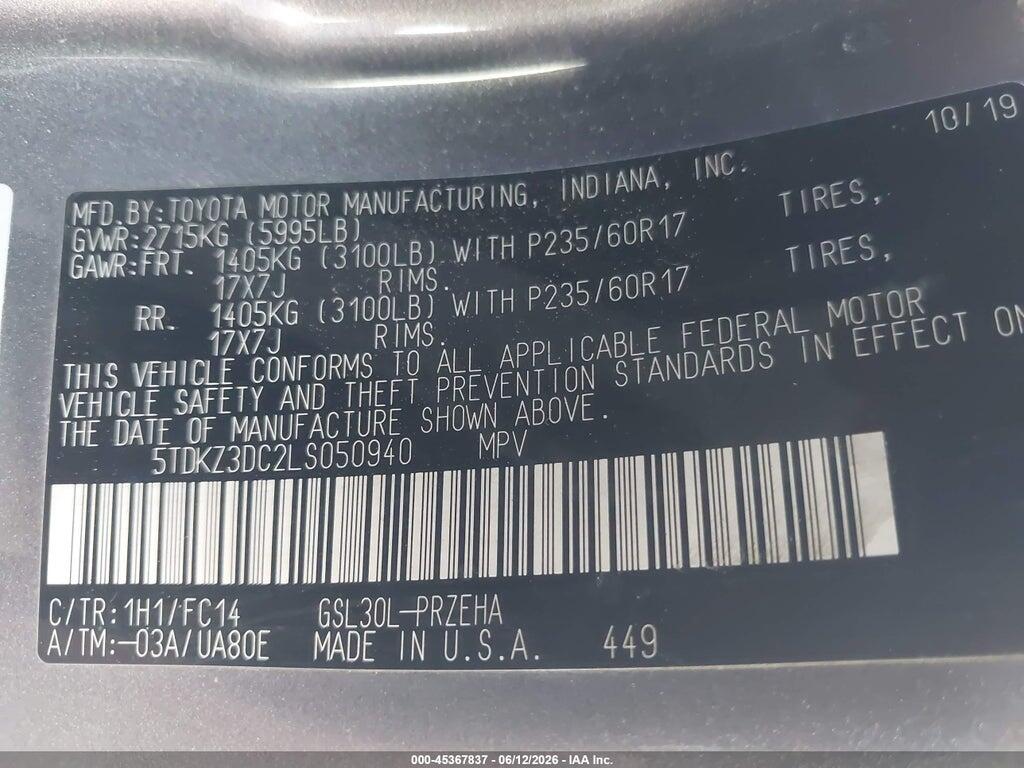 5TDKZ3DC2LS050940 2020 TOYOTA SIENNA photo no. 9