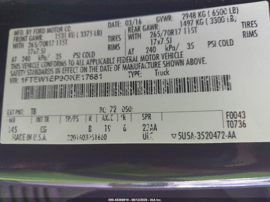 1FTEW1EP9GKE17681 2016 FORD F-150 photo no. 9