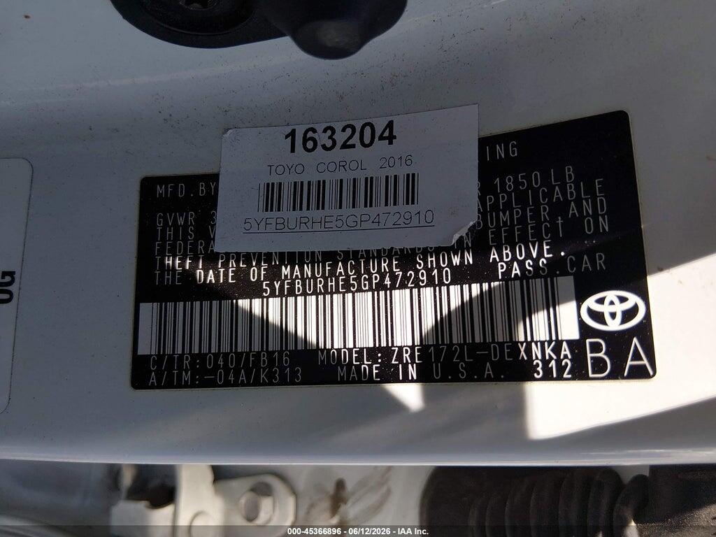 5YFBURHE5GP472910 2016 TOYOTA COROLLA photo no. 9