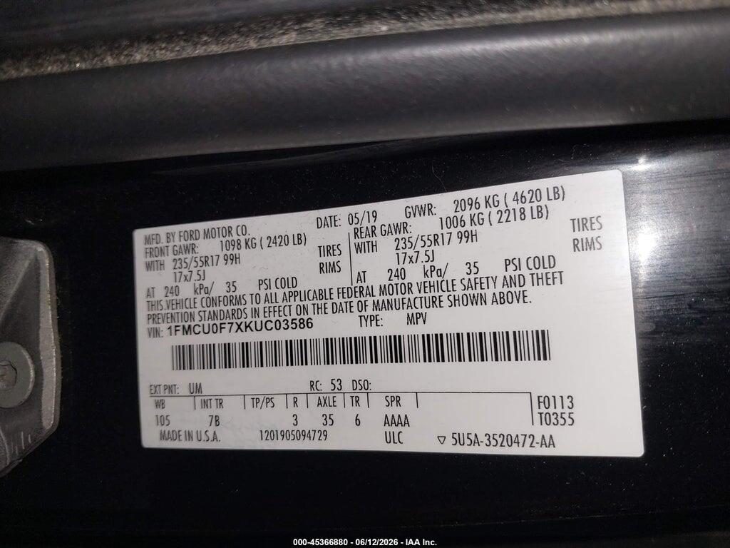 1FMCU0F7XKUC03586 2019 FORD ESCAPE photo no. 9