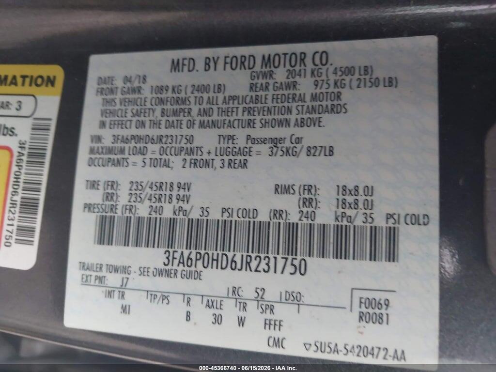 3FA6P0HD6JR231750 2018 FORD FUSION photo no. 9