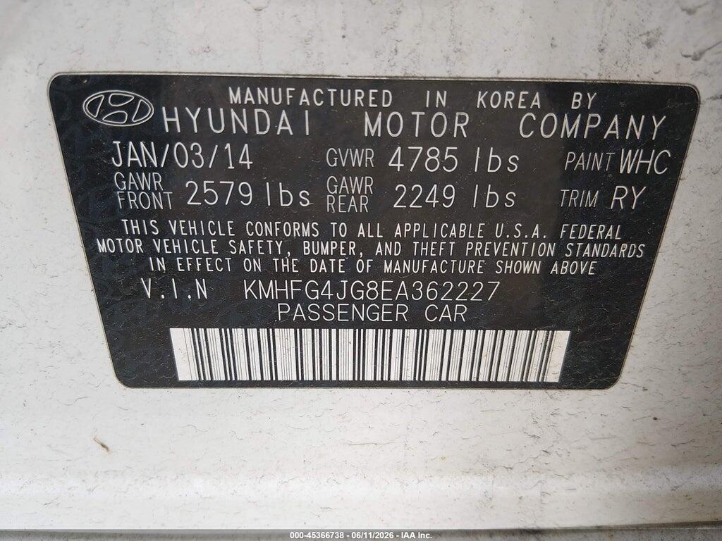 KMHFG4JG8EA362227 2014 HYUNDAI AZERA photo no. 9