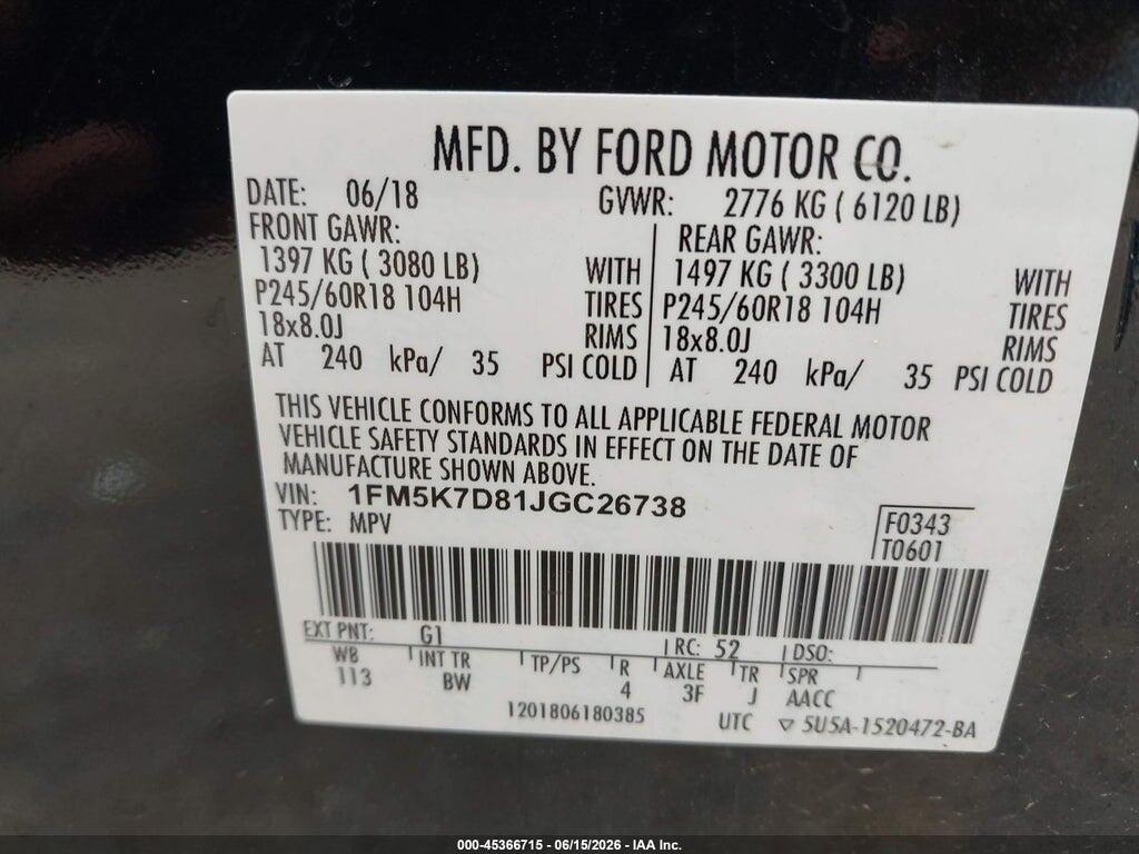 1FM5K7D81JGC26738 2018 FORD EXPLORER photo no. 9