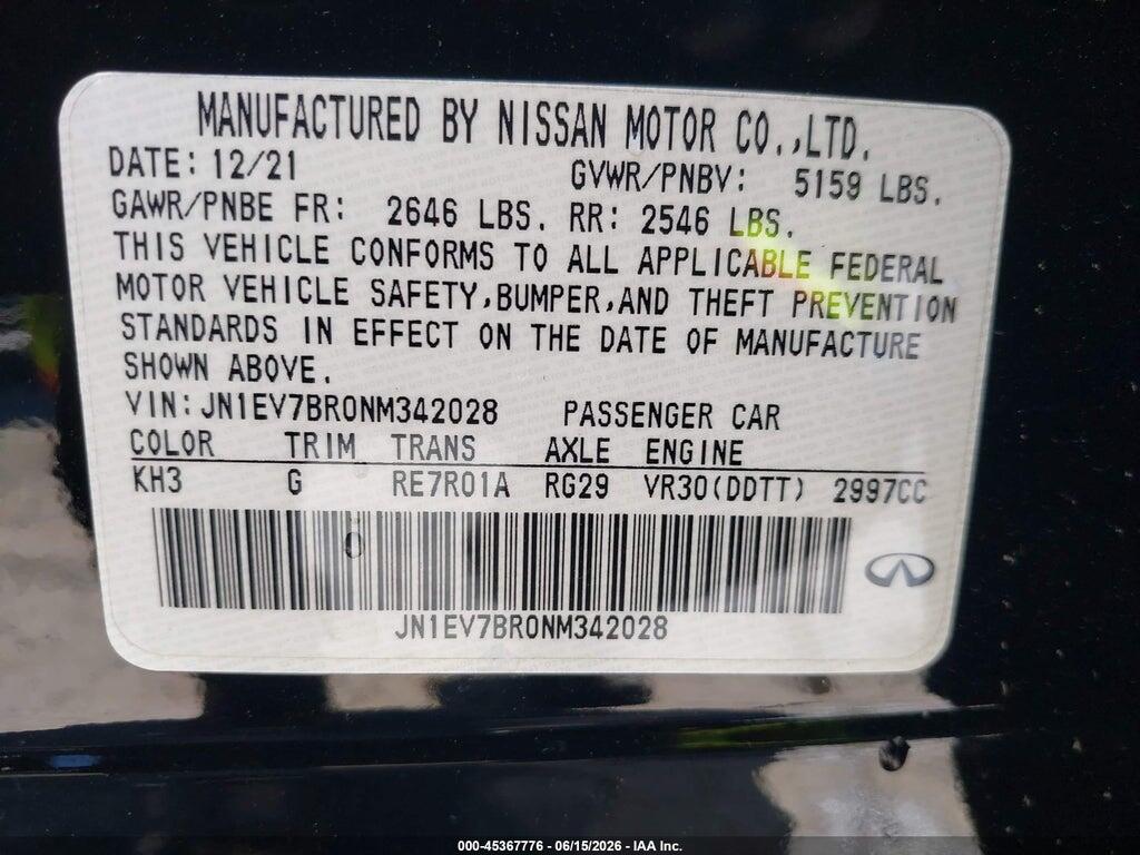 JN1EV7BR0NM342028 2022 INFINITI Q50 photo no. 9