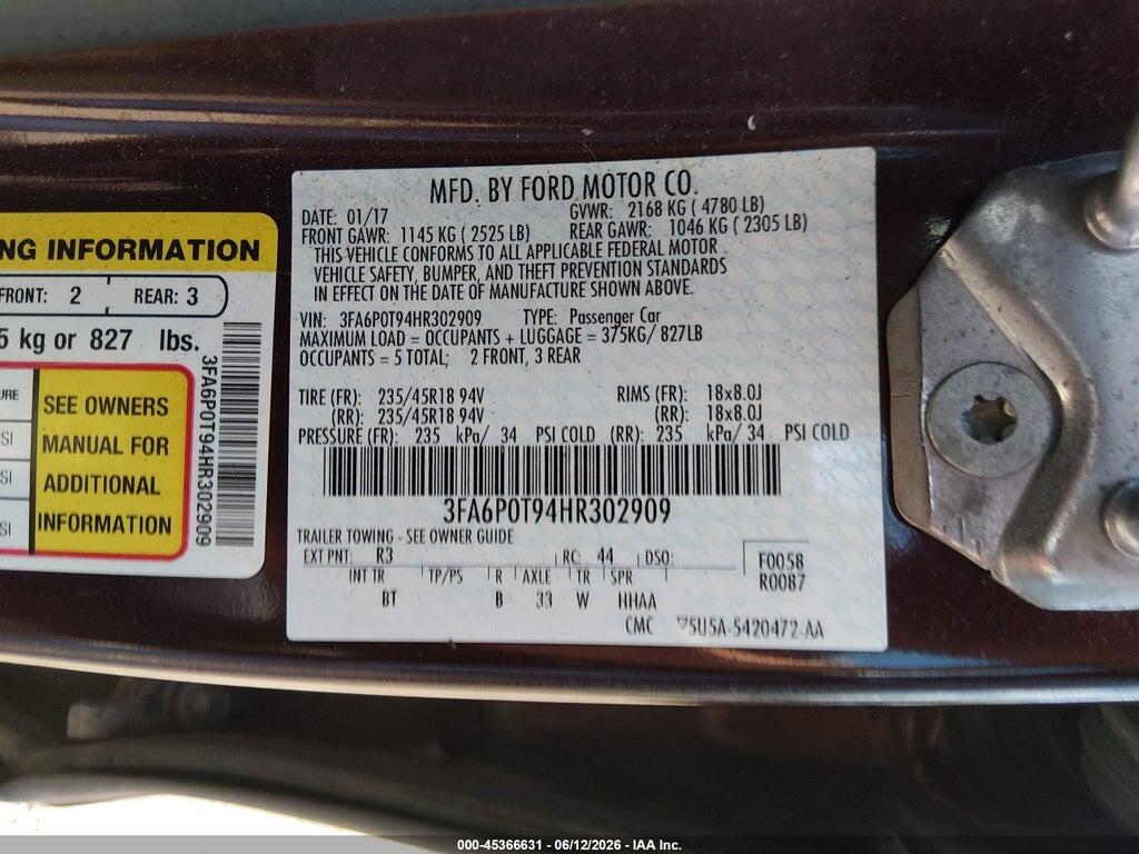 3FA6P0T94HR302909 2017 FORD FUSION photo no. 9