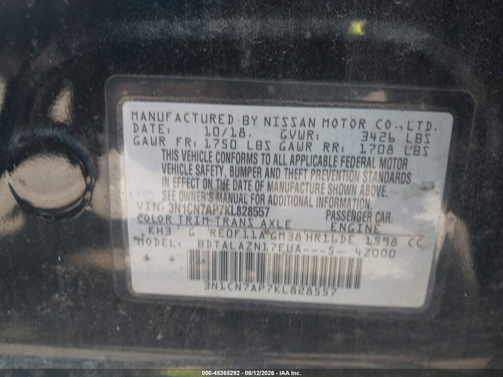 3N1CN7AP7KL828557 2019 NISSAN VERSA photo no. 9