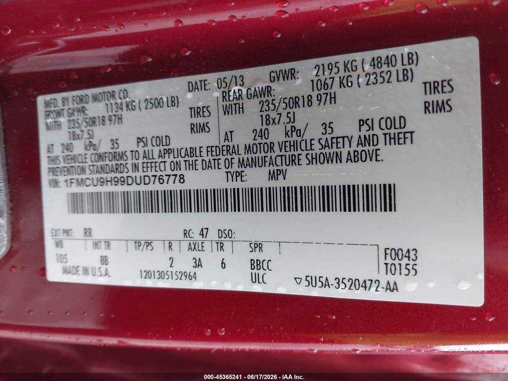 1FMCU9H99DUD76778 2013 FORD ESCAPE photo no. 9