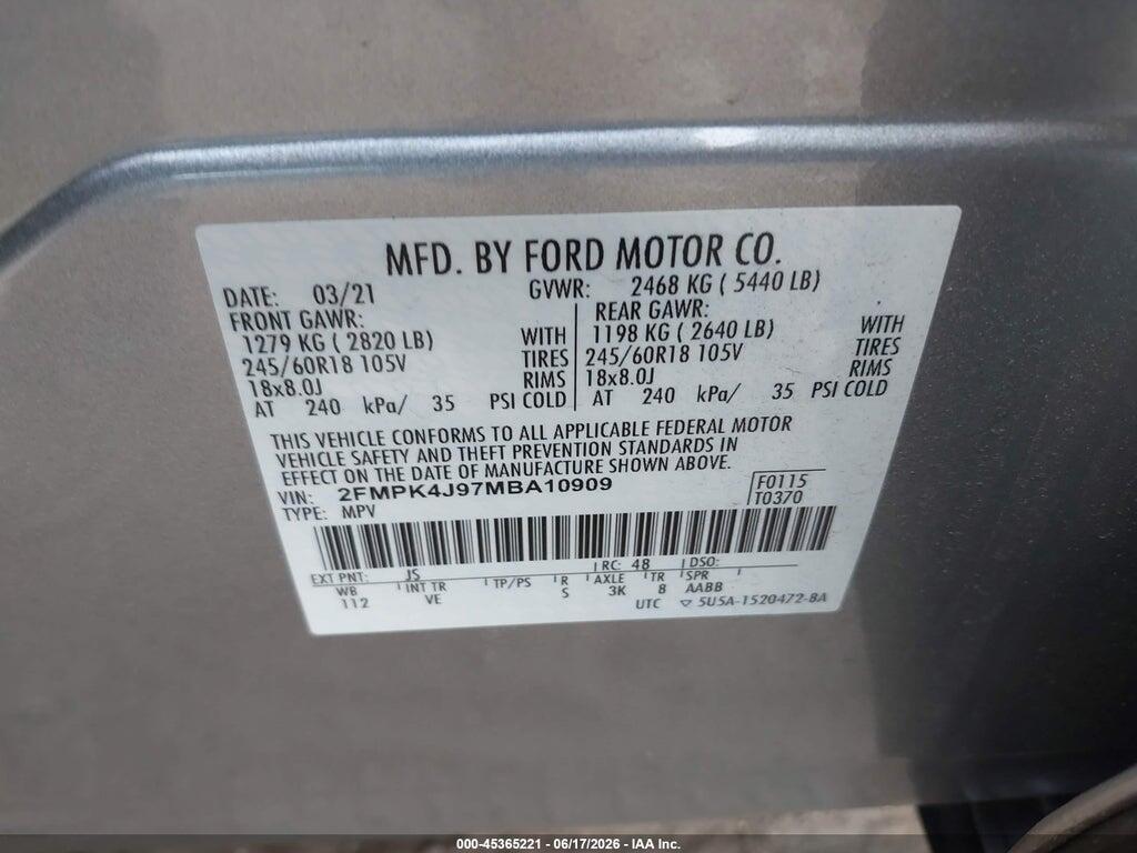 2FMPK4J97MBA10909 2021 FORD EDGE photo no. 9