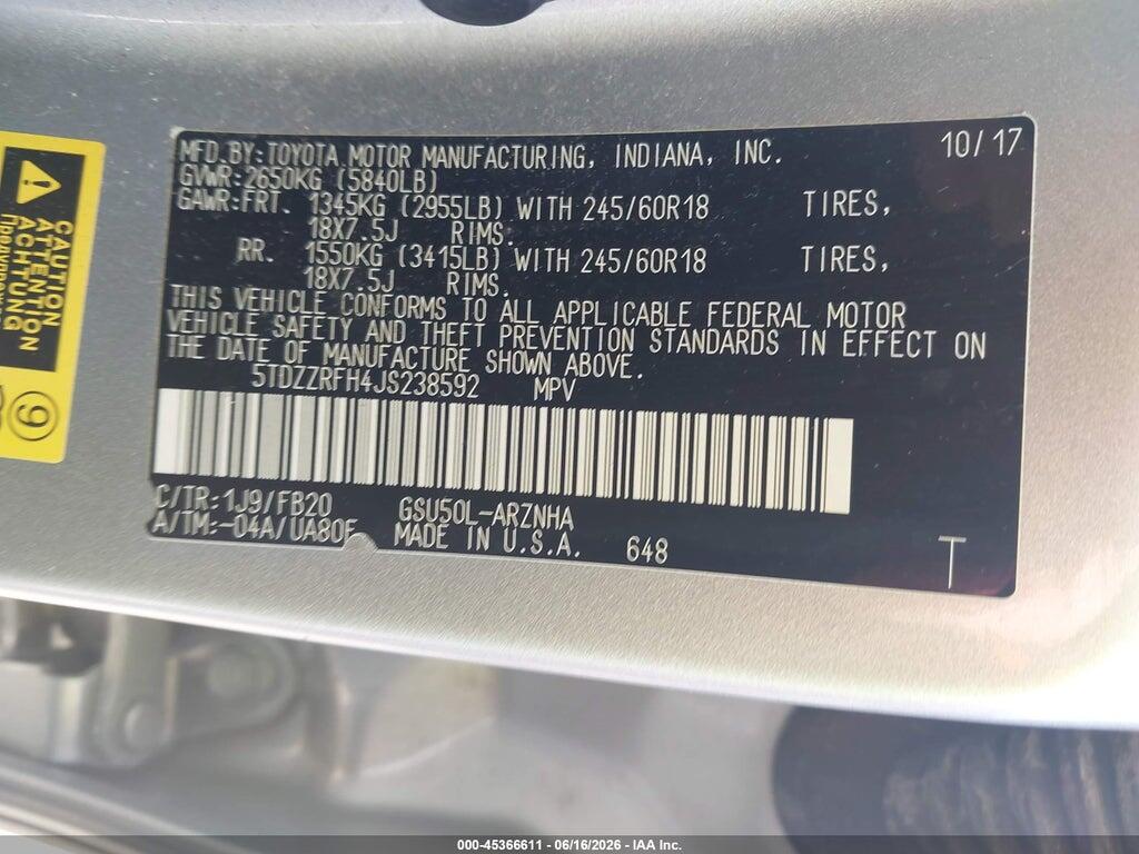 5TDZZRFH4JS238592 2018 TOYOTA HIGHLANDER photo no. 9