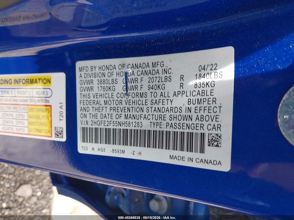 2HGFE2F55NH581283 2022 HONDA CIVIC photo no. 9